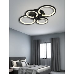 Lustra LED 96W Rings 4 Negru, LED inclus, 4 surse de iluminare, Telecomanda, Dimabil, Lumina: Cald, Natural, Rece, Echivalent 384W